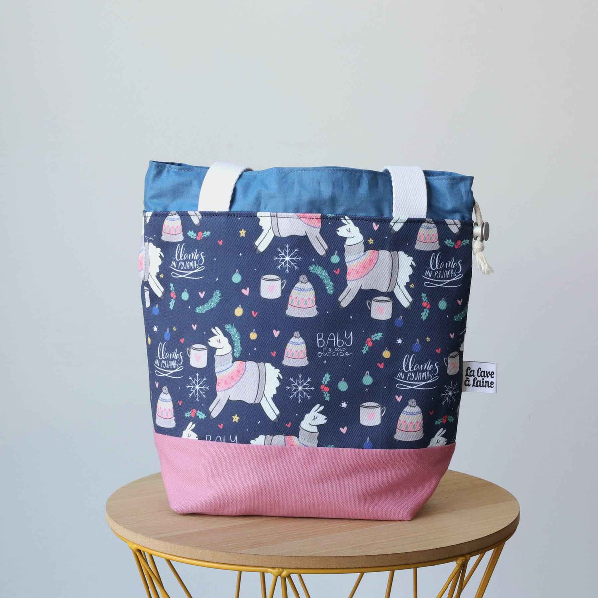 Llama Project Bag - Long Handles - Pink and Blue-La Cave à Laine